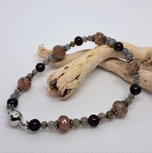 7" Red Hematoid Quartz (fire quartz), Labradorite & Garnet Bracelet